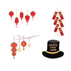 Chinese New Year and Party Elements Illustration Set with Lanterns and Firecrackers. Vector Illustration.