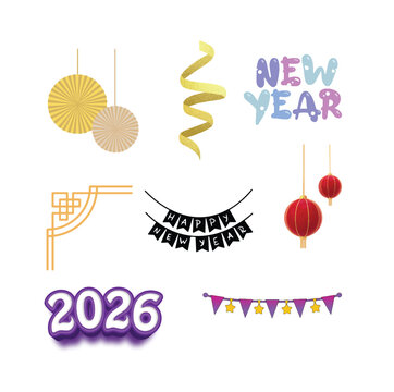 Minimalist 2026 New Year Outline and Party Element Vector Set. A minimal black outline design of the year "2026," a party popper, a firework illustration.