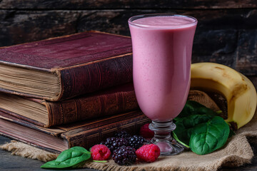 Healthy breakfast smoothie with banana, spinach, and berries in a clear glass, placed on wooden table.