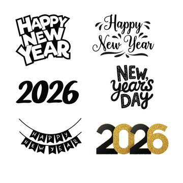 New Year 2026 Black and White Typography and Lettering Set. Vector Illustration.