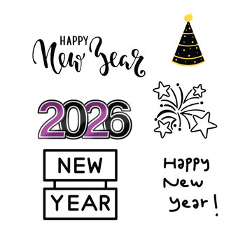New Year 2026 Typography and Party Elements Outline and Solid Style Collection. Vector Illustration..