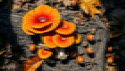 Vibrant Orange Mushroom Cluster on Tree Trunk with Abstract Glass Effect Distortion