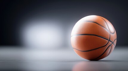 Game ready basketball on studio floor, dramatic spotlight, soft bokeh background, perfect sphere, brandless surface, tipoff anticipation
