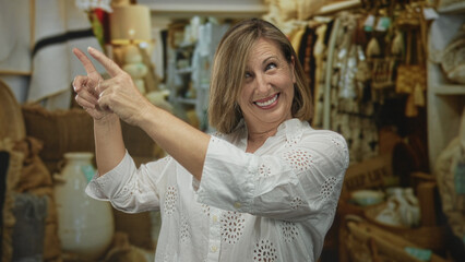 Woman smiling broadly and pointing fingers upward at clothes racks in a building full of garments and decor items; joy.