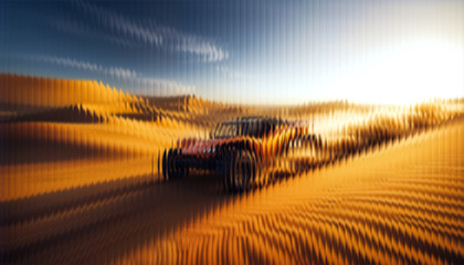 Fast Rally Racing Car Driving in Arid Desert Landscape with Glassy Reflections