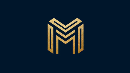 Elegant golden letter M logo design on dark blue background. Modern abstract geometric symbol for luxury branding, corporate identity, and premium businesses.
