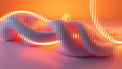 Abstract 3D Digital Wave Flow with Orange Neon Light Trails and Glass Effect
