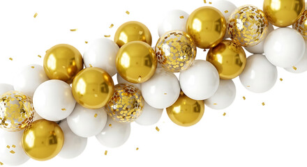 Gold and white balloons with confetti scattered on black isolated on a transparent background celebration