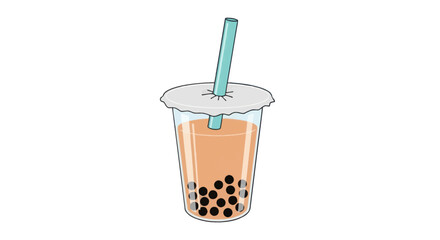 Refreshing Bubble Tea Drink with Tapioca Pearls and Straw.