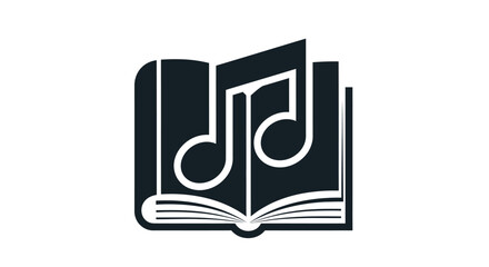 Open Book with Musical Notes Illustration in Black and White.