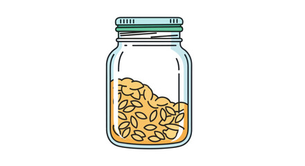 Glass jar filled with light brown seeds and a green lid.