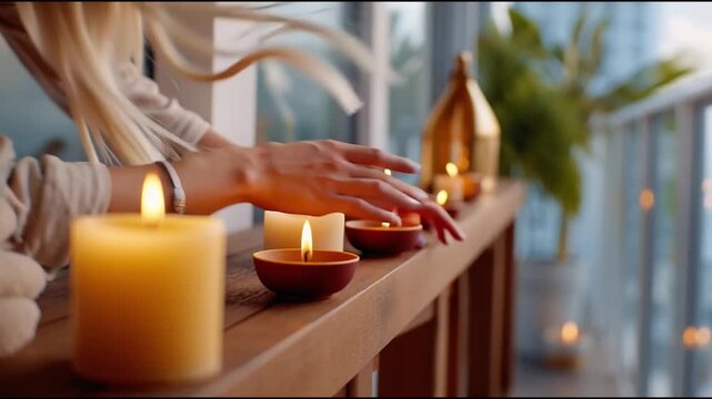 Friends lighting candles along a balcony railing for Diwali celebration