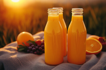 Bottles of orange juice on picnic blanket with fruits and juice boxes.
