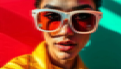 Fashion Woman Portrait with Red Sunglasses and Glass Effect - Bold Pop Art
