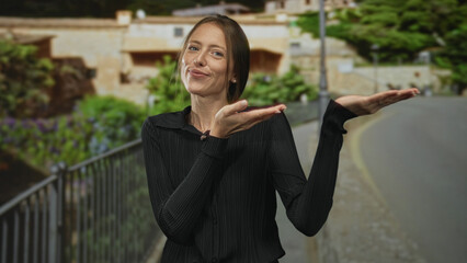 Woman shrugging with palms up on a street near a railing and lamppost, wearing a black shirt and...