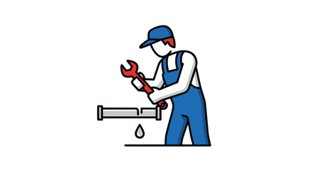 Cartoon Plumber Fixing Leaky Pipe with Wrench Wearing Blue Overalls and Cap.