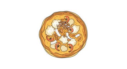 Hand-drawn golden pancake illustration with creamy topping and crunchy nuts.