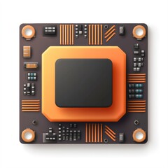Fototapeta premium A close-up image of a microprocessor showcasing intricate details and orange accents, perfect for technology blogs, electronics marketing, or educational materials about computing and circuit design,