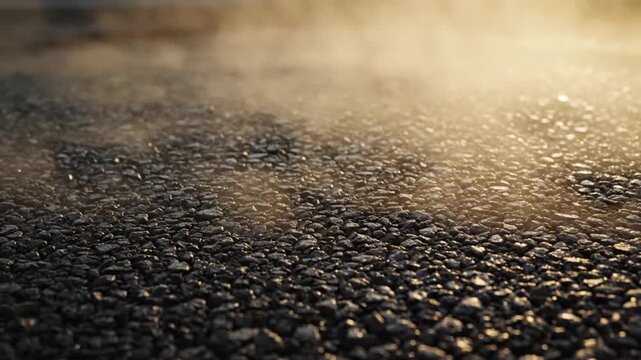Closeup of fresh asphalt steaming on a newly paved road at sunset.