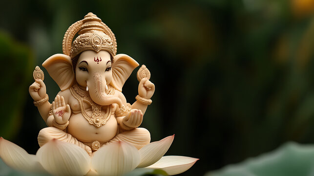 A serene composition featuring an ivory-hued deity figure seated gracefully upon a lotus bloom, set against a lush, verdant backdrop, radiating tranquility and reverence.