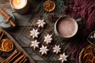 Flat lay of winter treats: hot chocolate mug, powdered star cookies on rack with cinnamon sticks, star anise, dried orange slices, evergreen sprigs candle on rustic wood table. Christmas banner, menus