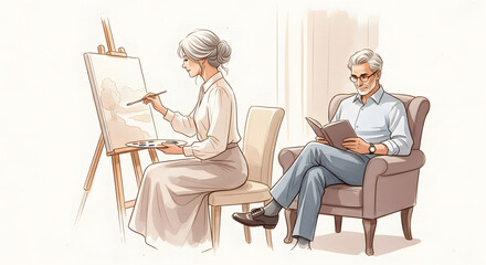 Creative calm. Senior woman painting while man reads beside her at home