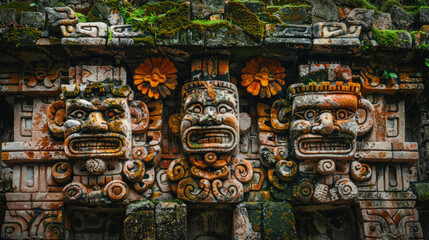 Fototapeta premium Ancient wall with mayan stone glyphs with colorful moss, detailed carvings. Historic mesoamerican archaeological art. Close-up