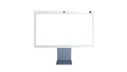 Modern, minimalist desktop monitor with a blank white screen and a silver stand