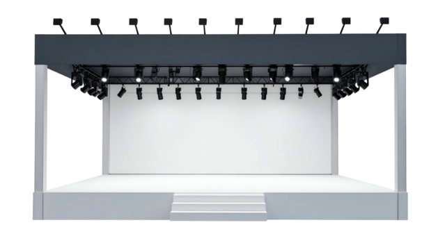 Front-facing view of a modern, empty stage with lighting rig and blank backdrop