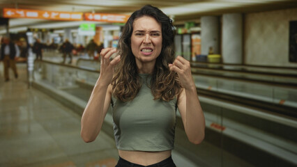 Woman grimacing with fingers pressing temples on a moving walkway in a busy airport terminal; frustration.