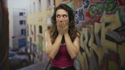 Obraz premium Young hispanic woman cupping hands before mouth against vibrant graffiti covered street alley, bare arms exposed in daylight; surprise.