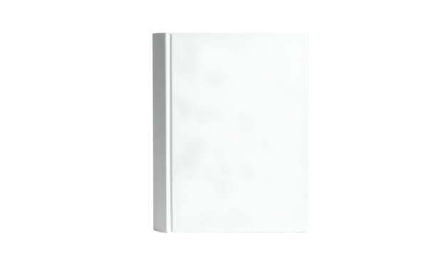 Isolated, vertically positioned white book with blank cover, centered on a black background