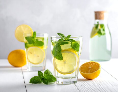 Refreshing chilled drink with lemon slices, mint, and a glass pitcher