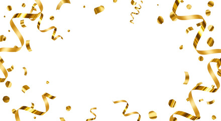 Golden streamers and confetti falling on black background isolated on a transparent background ribbon