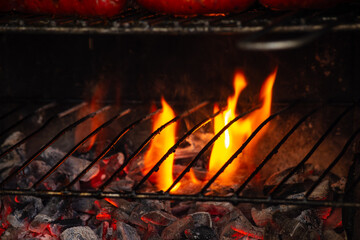 Llamas intensas y brasas ardientes en una parrilla, listas para asar