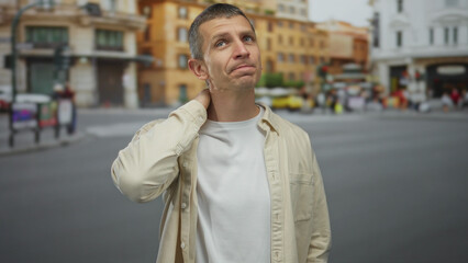 Fototapeta premium Man outdoors in city street rubs neck in discomfort with blurred buildings in background, suggesting urban life and stress-related aches.