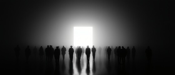 Silhouettes of crowd walking towards bright, illuminated doorway in dark, minimalistic setting, creating mysterious and intriguing atmosphere