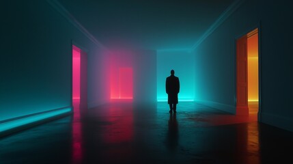 Fototapeta premium Person stands in dimly lit room with vibrant neon lighting, creating mysterious atmosphere. room features cyan, pink, and orange illuminated doorways, casting colorful reflections on floor