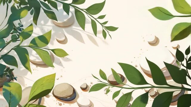 Minimalist Zen garden style stone and leaf animation, natural moving motion