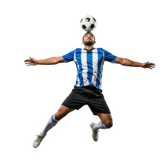 Athletic soccer player demonstrates incredible balance balancing a soccer ball on his head mid air