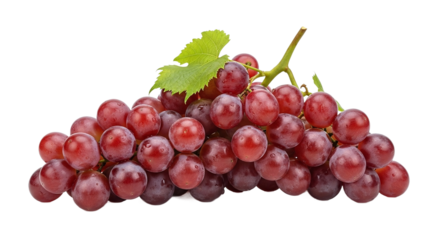 Fresh ripe red grapes bunch with green leaf and water droplets, isolated on transparent background