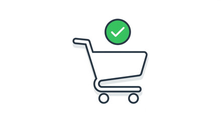 Shopping cart with check mark icon for order complete purchase success and online store checkout process design