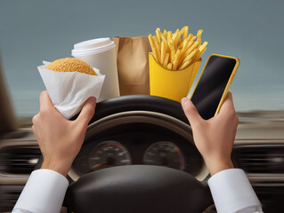 Distracted driver holding burger coffee fries and smartphone while driving risky behavior fast food motion blur stress