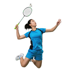 Dynamic badminton player executes powerful overhead smash in mid air against black background