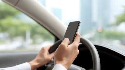 Driver holding smartphone while driving, distracted behind steering wheel, city background, risky behavior, modern car interior