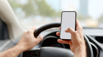 Driver holding steering wheel while glancing at blank smartphone screen, distracted driving in daylight urban setting