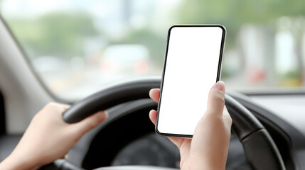 Driver holding steering wheel and smartphone with blank screen, distracted driving concept, modern car interior, safety risk