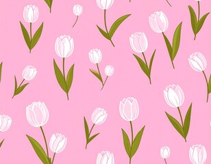 Pattern of white tulip blooms scattered on a soft pink background