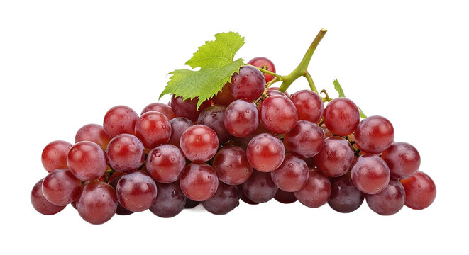 Fresh ripe red grapes bunch with green leaf and water droplets, isolated on transparent background