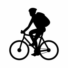 Fototapeta premium Silhouette of a cyclist with backpack riding a bicycle on a white background
